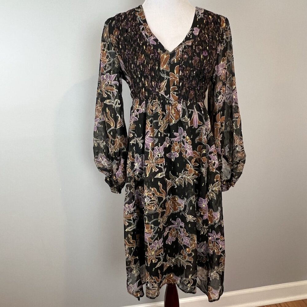 Cato Chiffon Long Sleeve Smocked Dress Size Small Whimsigoth Black Purple Gold
